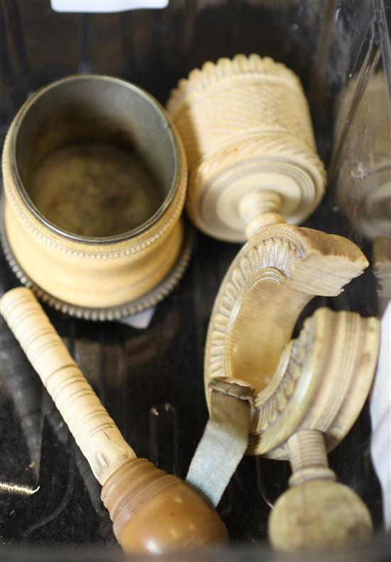 Ivory sewing clamp, salt cellar & tape measure